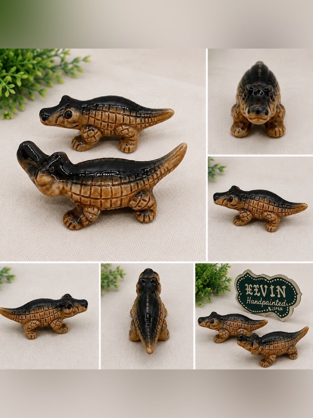 Vintage Elvin Japan Alligator Salt & Pepper Shakers Hand Painted Ceramic Set